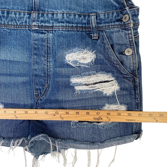 Denim Romper Overalls L Blue Distressed Ripped Shorts Shortall American Eagle - Picture 4 of 10